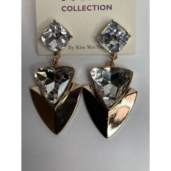 Mia Collection Faux Diamond Earrings Dangle White And Gold Triangles Square Top - Picture 3 of 4